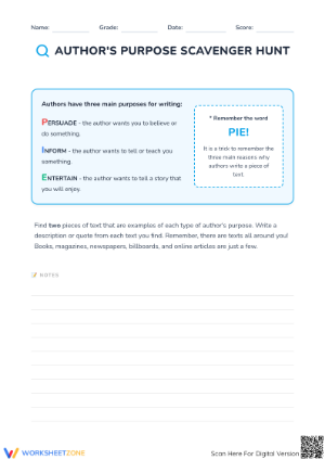 Grade 5 Author's Purpose — Printable No-Prep Worksheet
