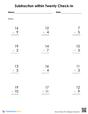 Subtraction within 20: Math Check-In