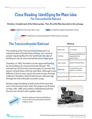 Find the Main Idea: Transcontinental Railroad Worksheet