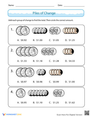 Piles of Change: Summer Money Math Worksheet