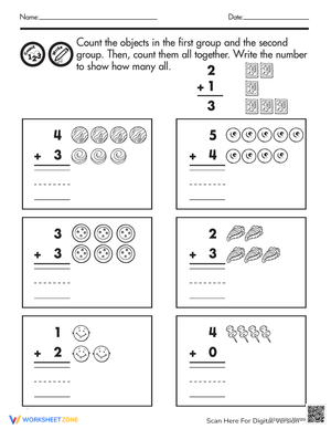 Count and Add Worksheet: Basic Addition Practice