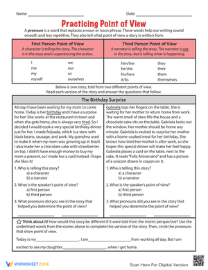 Practicing Point of View Worksheet: Narrative Skills