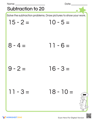 Subtraction to 20 Assessment Worksheet: Math Skills