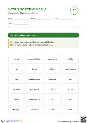 Printable Multiplication and Division Clue Words Worksheet