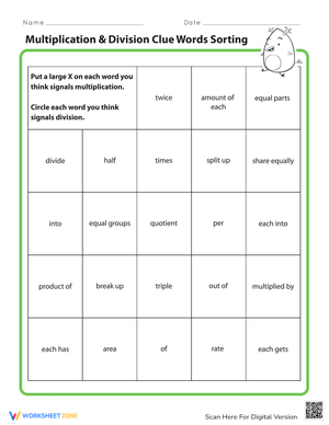 Multiplication &amp; Division Clue Words Sorting