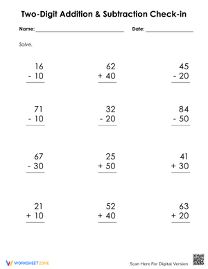 Two-Digit Addition and Subtraction Check-In Worksheet