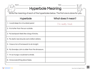 Understanding Hyperbole Worksheet for Language Arts