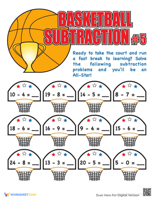 Basketball Subtraction Math Worksheet