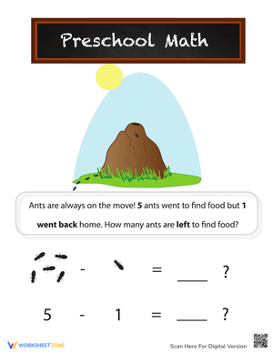 Ant Subtraction Math Worksheet for Kids