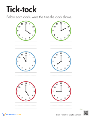 Tick Tock Telling Time Worksheet for First Grade