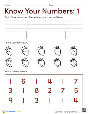 Preschool Number 1 Recognition Worksheet