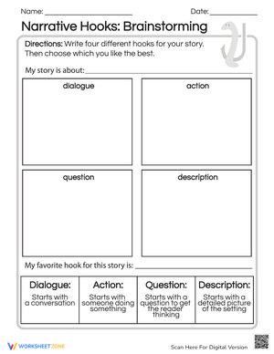 Brainstorming Narrative Hooks: Writing Worksheet