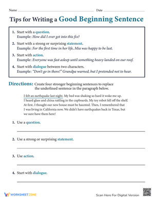 Good Beginning Sentences: A Writing Workshop Worksheet