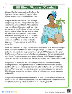 All About Wangari Maathai: Biography Worksheet