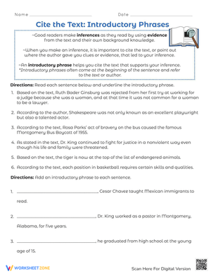 Cite the Text: Introductory Phrases Worksheet