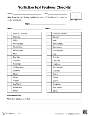 Nonfiction Text Features Checklist: Worksheet