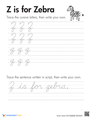 Cursive Animals: 'Z' Practice for Third Grade