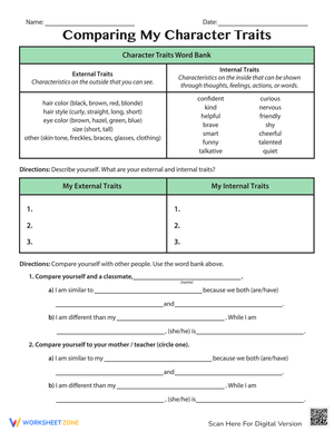 Comparing My Character Traits: Self-Reflection Worksheet