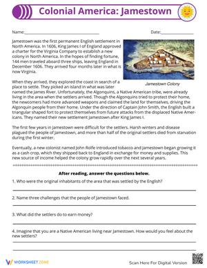 Colonial America: Jamestown History Worksheet