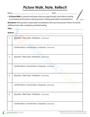 Picture Walk Reflections Worksheet