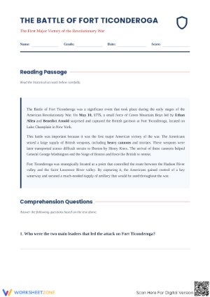 Printable Battle of Fort Ticonderoga Worksheet | Grade 5
