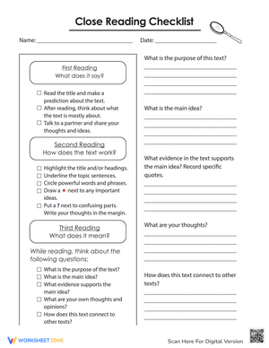 Close Reading Checklist Worksheet
