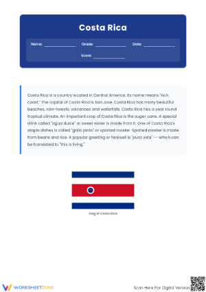 Costa Rica Facts — Printable Grade 4 ELA Worksheet