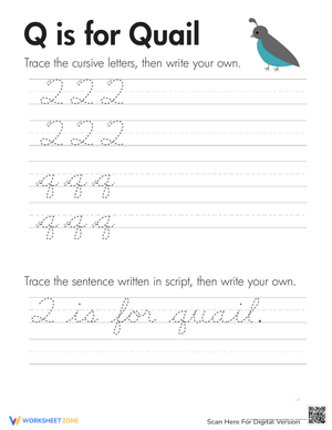 Cursive Animals: Letter Q Practice