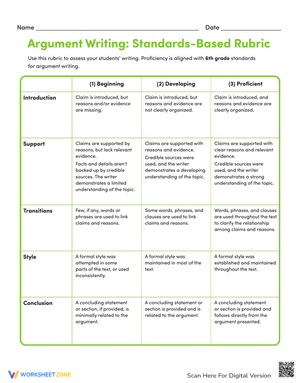 Argument Writing Rubric: 6th Grade