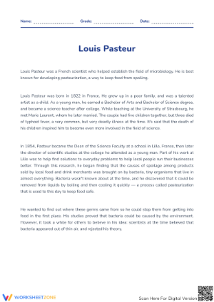 Louis Pasteur Reading & Experiment | Grade 5 Printable