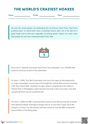Grade 3 April Fools Hoaxes | Essential Reading Worksheet