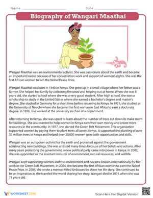 Biography of Wangari Maathai Worksheet