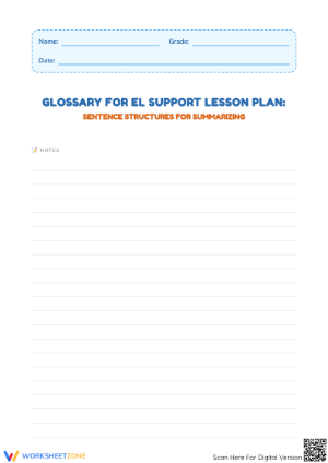Summarizing Glossary Worksheet | Grade 1 Printable