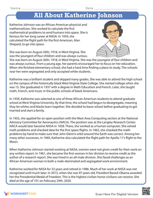 All About Katherine Johnson: Biography Worksheet