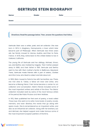 Printable Gertrude Stein Biography Worksheet | Grade 5