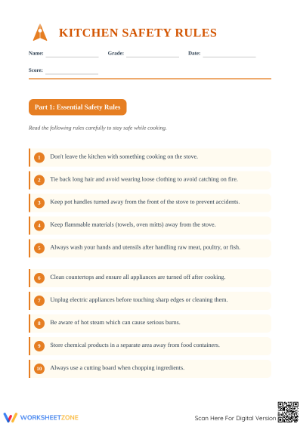 Printable Kitchen Safety Rules Worksheet | Grade 3 ELA