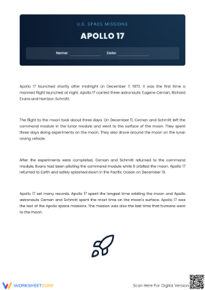 Apollo 17 Reading Worksheet | Printable Grade 4 ELA