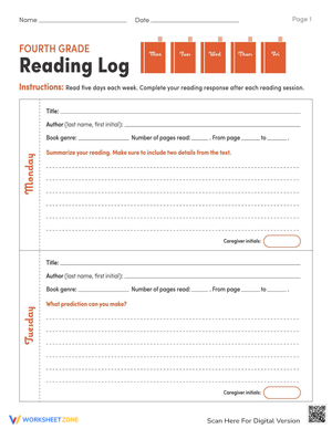 Fourth Grade Reading Log Worksheet