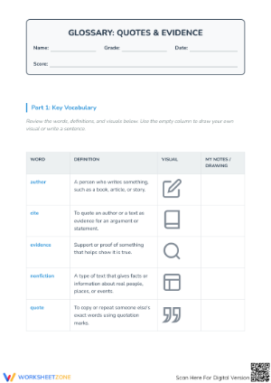 Printable Text Evidence Vocabulary | Grade 5 ELA
