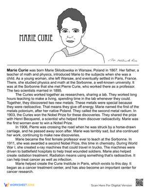 Marie Curie Reading Worksheet