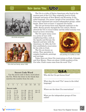 Native Americans: The Ute Tribe Worksheet
