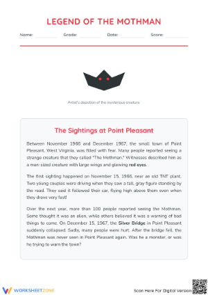 Printable Legend of the Mothman Worksheet | Grade 3 ELA