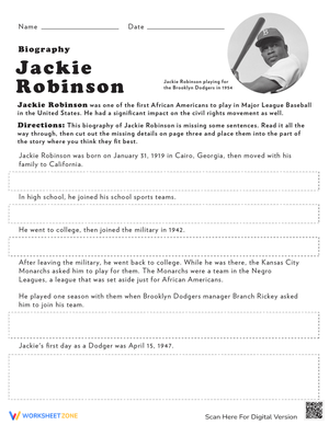 Read a Jackie Robinson Biography Worksheet