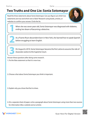 Sonia Sotomayor: Two Truths and One Lie Worksheet