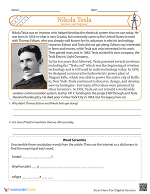 Learn About Nikola Tesla Worksheet
