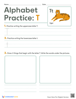 Kindergarten Letter T Handwriting Practice Worksheet