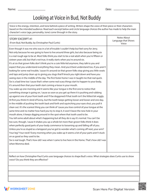 Analyzing Voice in 'Bud, Not Buddy' Worksheet