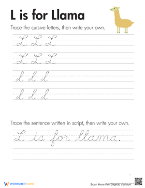Practice Cursive Animals: Letter L Worksheet