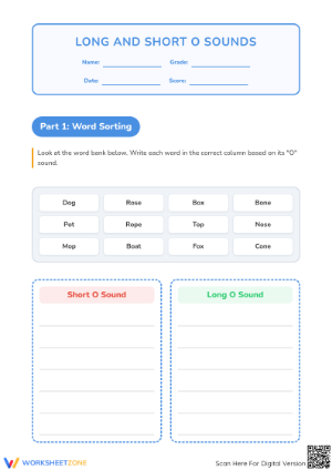 Printable Long and Short O Vowel Worksheet | Grade 1