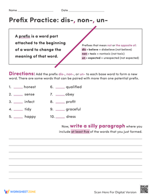Prefix Practice: Dis- Non- Un-